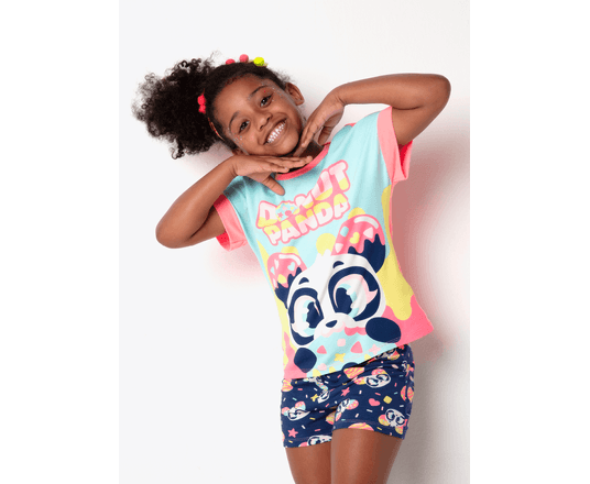 Camisola Puket Manga Curta Algodão Menina Teens Panda Donuts